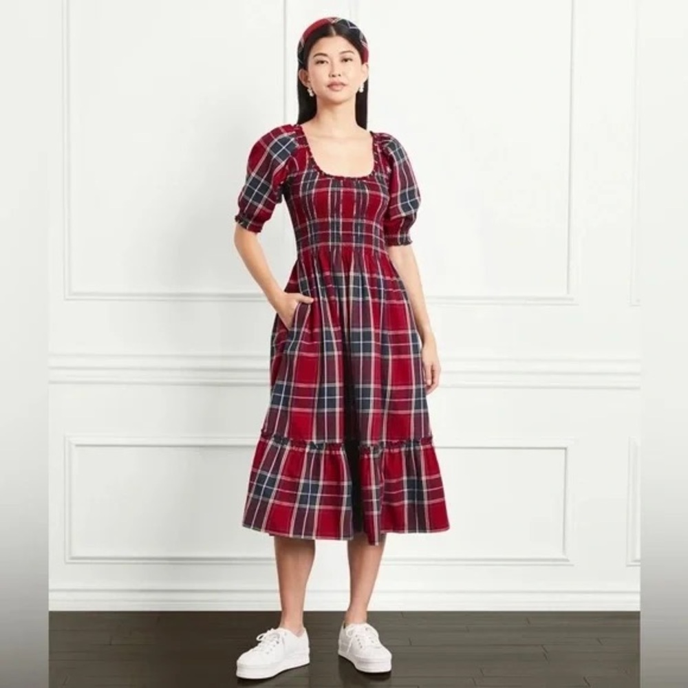 Hill House Red Plaid Midi Dress with Puff Sleeves